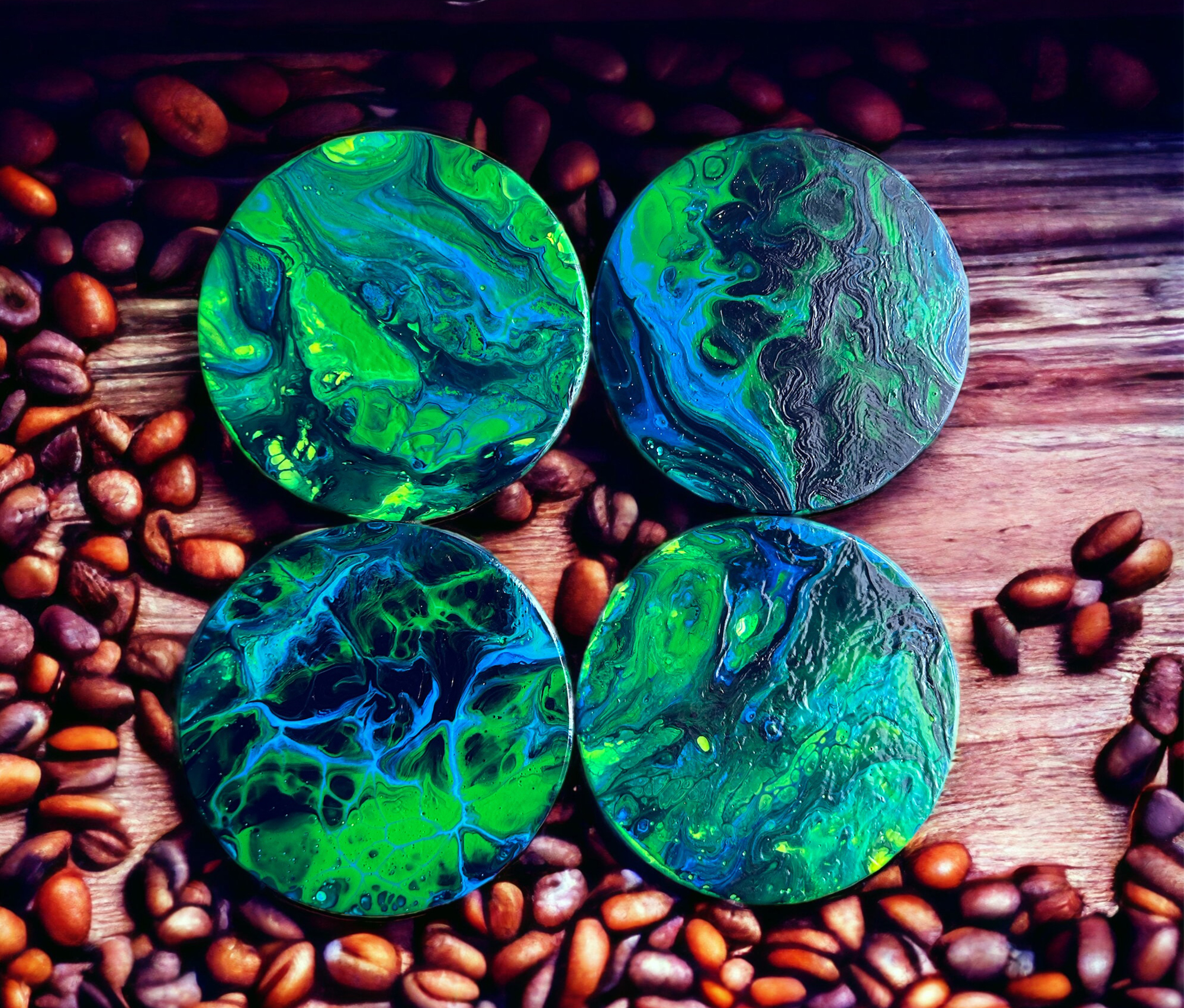 Green and Blue hand painted coasters