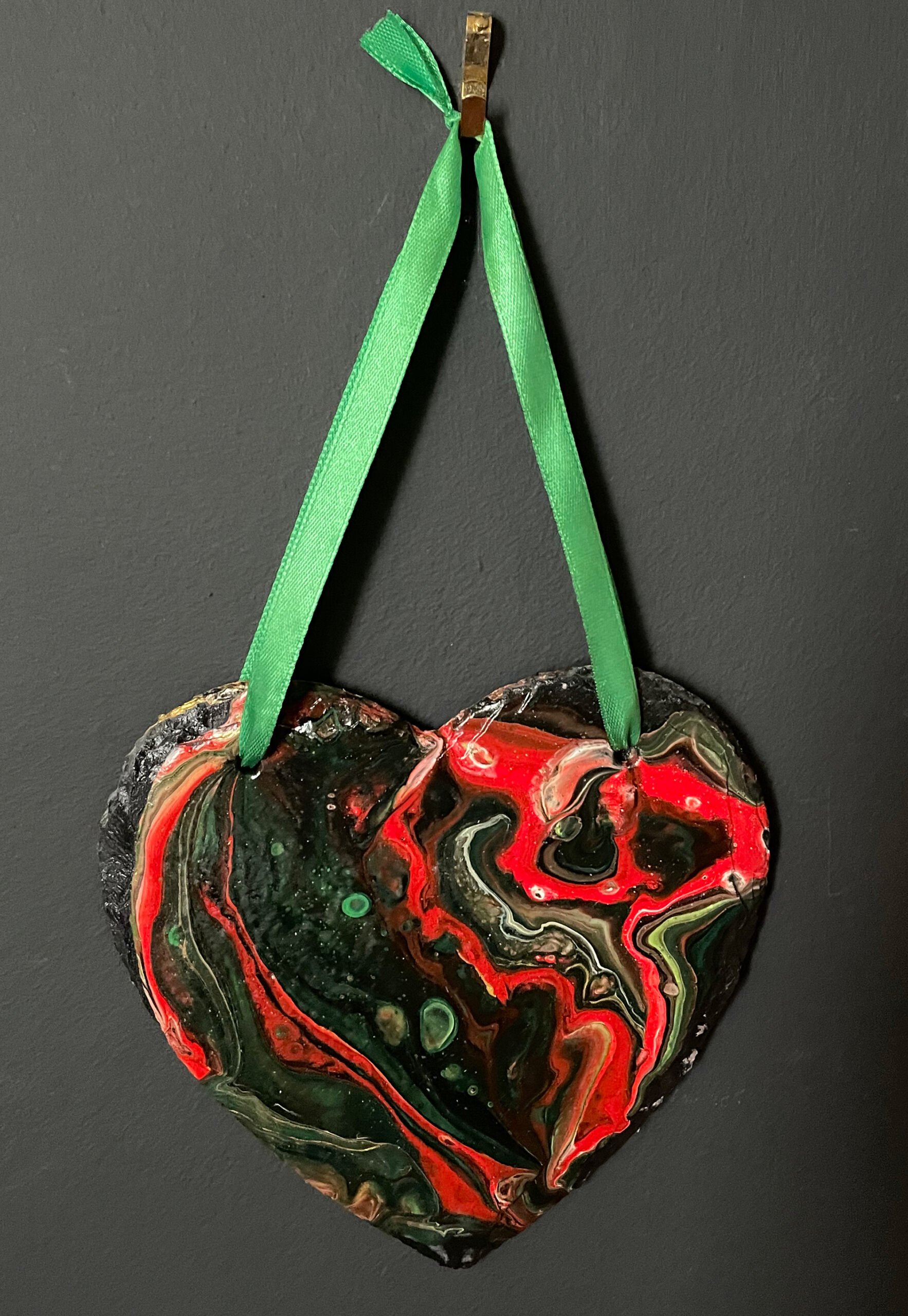 Fluid Art in reds and greens on slate heart