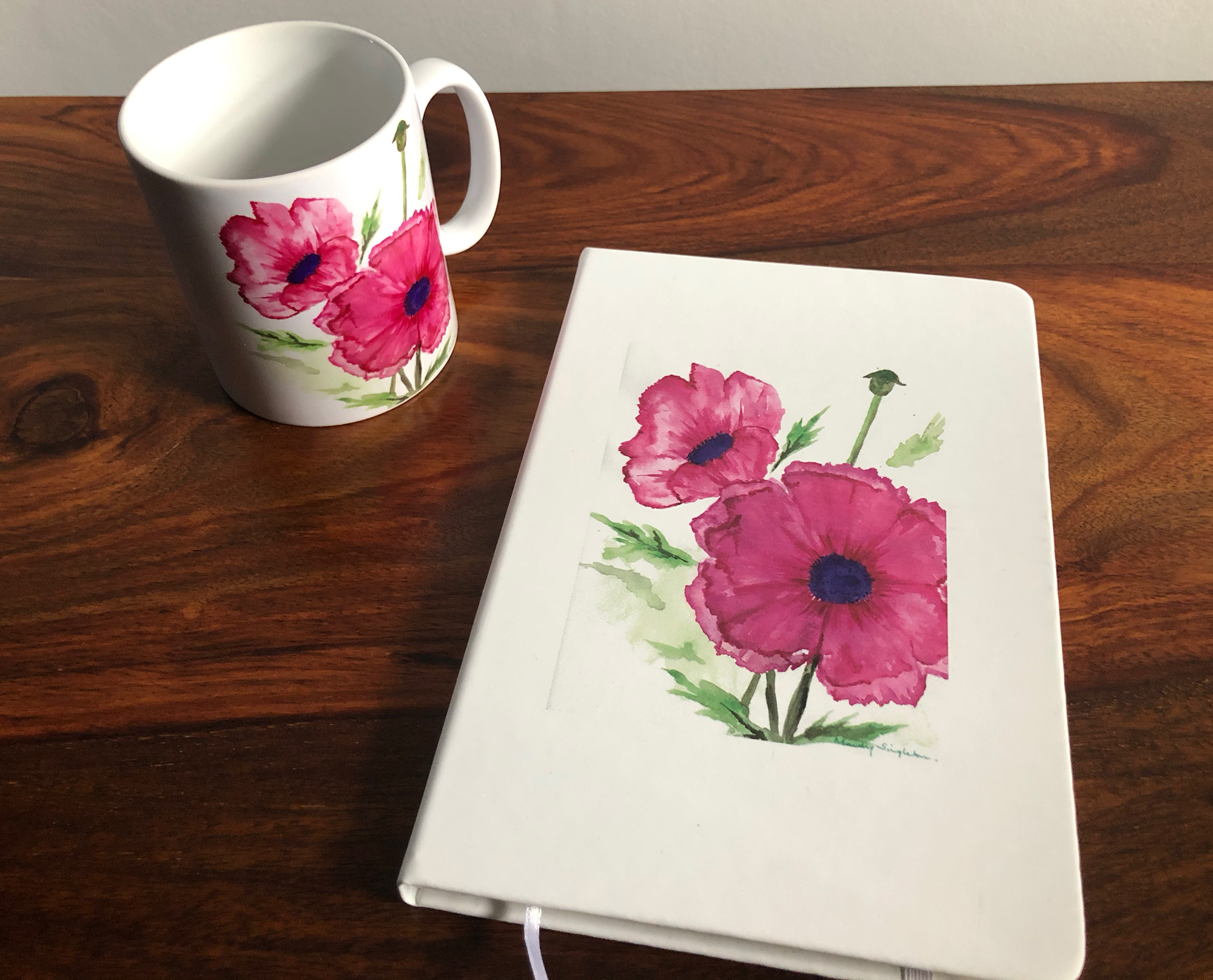 Mug and Notebook Pink Poppies design